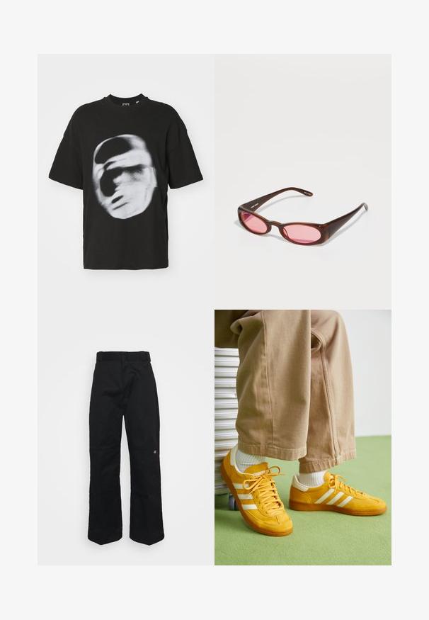 Camiseta de algodón negra con un gráfico difuminado en blanco de una cara. Diseño de mangas cortas y cuello redondo.; Pantalones de pierna ancha negros con una textura suave, que presentan una cinturilla regular y un pequeño logo bordado cerca de la pierna derecha.; Zapatillas de ante amarillo con rayas blancas, que cuentan con una suela de goma, cordones de tela y un cuello acolchado, combinadas con pantalones de algodón beige.; Gafas de sol tintadas en marrón con una forma ovalada alargada y elegante. Las monturas están hechas de plástico brillante; los cristales son rosas con una ligera curvatura.