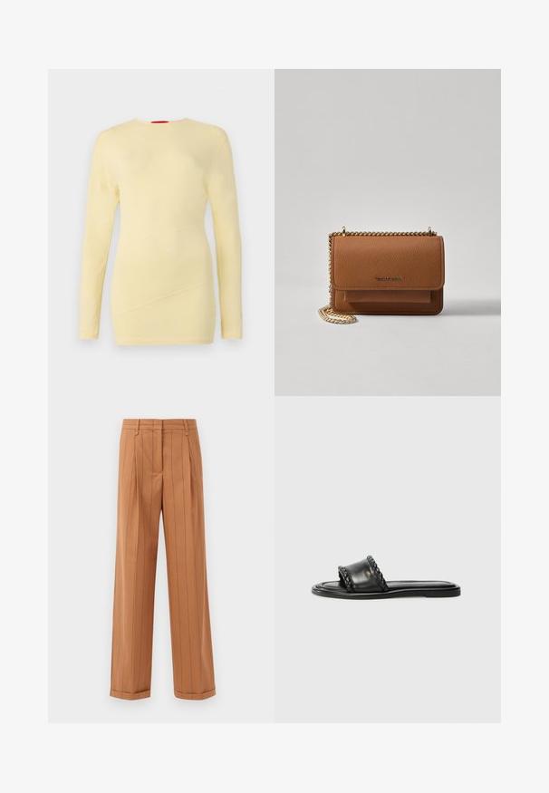 Long-sleeve yellow top in a soft material, featuring a crew neck and diagonal seam details on the front. Smooth texture throughout.; Brown pinstriped trousers with a tailored design, featuring pleats, a straight cut, and a cuffed hem. Made from a smooth fabric.; Black leather sandal with a woven strap detail, flat sole, and a sleek design. Smooth texture and minimalistic profile.; Brown textured leather crossbody bag with gold chain strap and flap closure. Front features logo detail and a pocket under the flap.