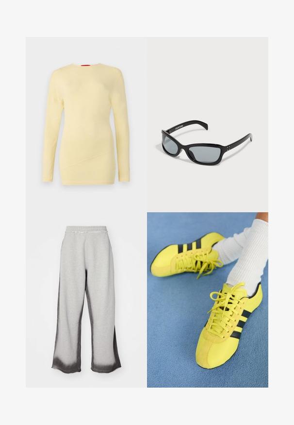 Langarmige gele top van een zachte stof, met een ronde hals en diagonale naaddetails aan de voorkant. Stevige textuur over de gehele top.; Grijze sweats met een textuurafwerking, met een geleidelijke donkergrijze vervaging aan de zoom, elastische tailleband en brede pijpen.; Heldere gele sportschoenen met zwarte strepen en veters; heeft een gestructureerde bovenkant en suède accenten. Draagt bij witte geribbelde sokken.; Zwarte zonnebril met een slank, hoekig ontwerp. Voorzien van grijze lenzen en glanzende kunststof monturen. Bevat kleine metalen accenten en merkopdruk op de arm.; Zwarte leren handtas met twee korte handvatten, zilverkleurige hardware, witte accenten en een wit logo. Heeft een gestructureerd oppervlak en een compact ontwerp.