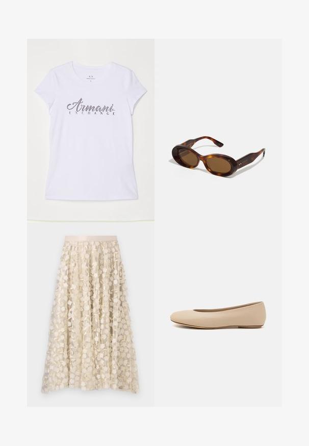 White short-sleeve t-shirt made of cotton, featuring a black rhinestone logo that reads "Armani Exchange" across the front.; Floral embroidery on a sheer, cream-colored skirt with a satin waistband. The design features small, delicate flowers and leaves.; Beige leather ballet flat with rounded toe, minimal seam detailing, low heel, and subtle logo on the back. Smooth, matte texture.; Tortoiseshell sunglasses with oval lenses, brown tint, and gold accents on the arms. Thick frames with a glossy finish and smooth texture.