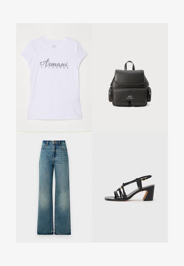 Biela krátka rukávová tričko vyrobené z bavlny, s čiernym kamienkovým logom, ktoré na prednej strane znie "Armani Exchange".; Svetlomodré dámske džínsy širokého strihu majú vysoký pás, päť vreciek a mierne rozstrapkané konce, pričom predvádzajú textúrovaný, vyblednutý vzhľad.; Paul Smith AMIRA - Klasické lodičky na opätku - black; Čierny kožený batoh s klopou, prednou kapsou, bočnými zipsovými vreckami a hornou rukoväťou. Obsahuje detaily loga na prednej strane.