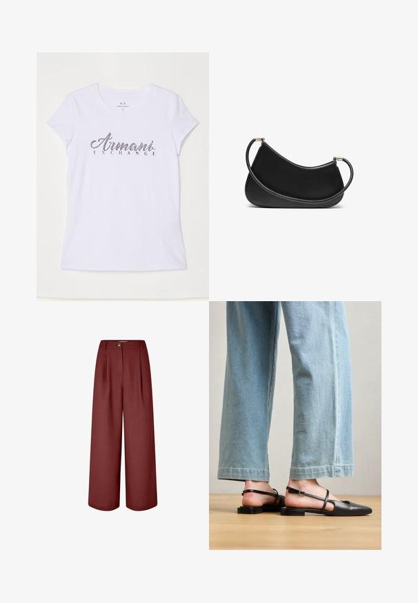 Vit t-shirt med kort ärm i bomull, med en svart rhinestones-logotyp som har texten "Armani Exchange" över framsidan.; Breda byxor i en rik bourgognefärg, tillverkade av mjukt tyg. Har midjeband, framveck och en enda knappstängning.; Svart läder slingback-skor med spetsig tå, platt häl och ankelrem; bärs med ljusblå vida jeans.; Svart läder axelväska med en böjd design, utrustad med ett texturerat band och detaljer i guldton vid den övre stängningen. Slät yta.