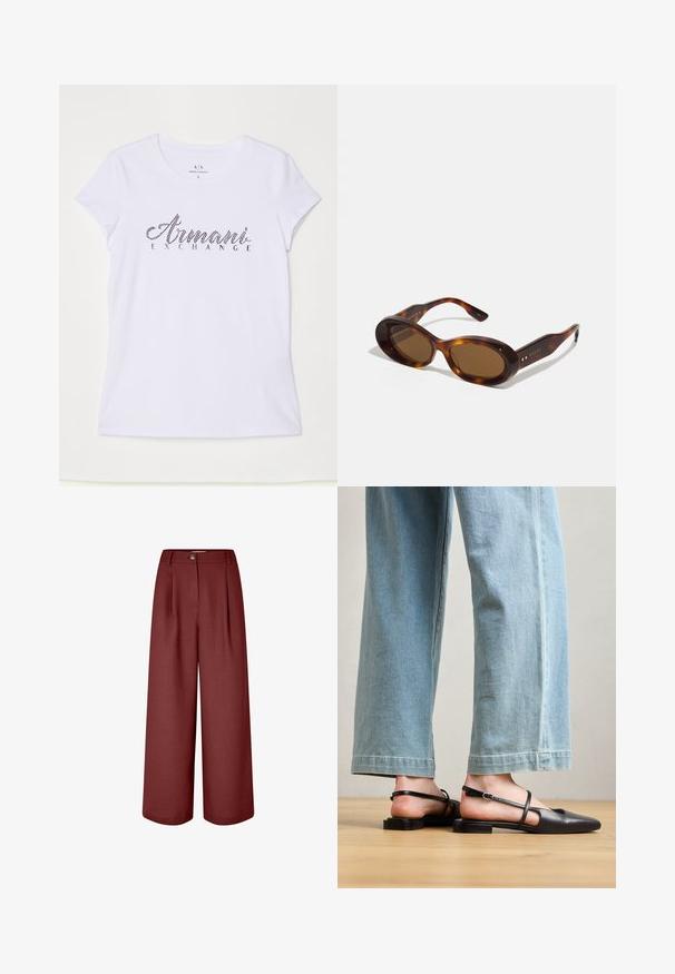 Bela kratka majica s kratkimi rokavi iz bombaža, z logotipom iz črnih kamenčkov, ki na sprednji strani prikazuje "Armani Exchange".; Široke hlače v bogati burdnjasti barvi, izdelane iz gladkega blaga. Imajo pas, sprednje gube in enojno zapiranje na gumb.; Črne usnjene škornje s usnjenim trakom, koničastim nosom, nizkim petam in trakovi okoli gležnja; nosi se z svetlo modrimi širokimi hlačami.; Sonce glasses iz mačje kože z ovalnimi lečami, rjavim tonom in zlatimi detajli na rokavih. Gost okvir z sijočim finišem in gladko teksturo.