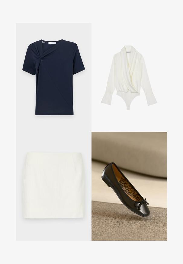 Temno modra majica iz mehkega materiala, ki ima na sprednji strani zasukano vozlišče in klasičen okrogli izrez s kratkimi rokavi.; Bela dolga majica z dolgimi rokavi z drapirano sprednjo stranjo, prilegajočim krojem, širokimi manšetami in zapiranjem na dnu z gumbom. Narejena iz gladkega blaga.; Bela lanena mini krila s pravim krojem, ki ima stranske žepke in gladko teksturo. Brez vidnih vzorcev ali okraskov.; Črna balerinka iz usnja z zaobljenim prstom in tkanim lokom, notranjost z leopardjim vzorcem. Gladek videz in tanek profil.
