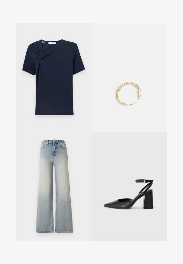 Marinblå t-shirt i mjuk tyg, med en vriden knutdetalj framtill och en klassisk rundad halsringning med korta ärmar.; Ljusblå vida jeans gjorda av denim, med hög midja, fem fickor och synlig sömnad längs sömmarna.; Svart läderpumps med spetsig tå, ankelrem och kraftig klack. Slät textur, stilren design och minimalistisk estetik.; Ring i guldutförande med en organisk, vriden design, slät yta och avsmalnande ändar, vilket ger ett modernt, skulpturalt utseende.