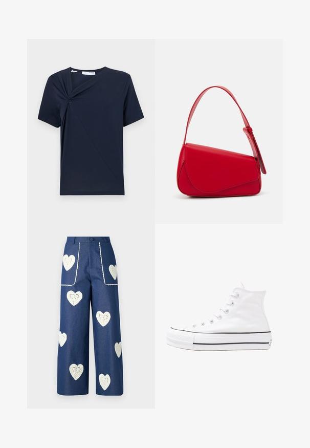 T-shirt azul marinho em tecido suave, com detalhe de nó torcido na frente e um decote redondo clássico com mangas curtas.; Sister Jane HEART TO HEART - Calças de ganga de perna direita - blue denim; Sapatilha alta de tela branca com sola de borracha preta, bico de borracha na frente e seis ilhós para os atacadores, apresentando um design limpo e minimalista.; Bolsa de mão em couro vermelho com um design angular e geométrico. Apresenta uma única alça ajustável e um fecho com aba, com detalhes cosidos.