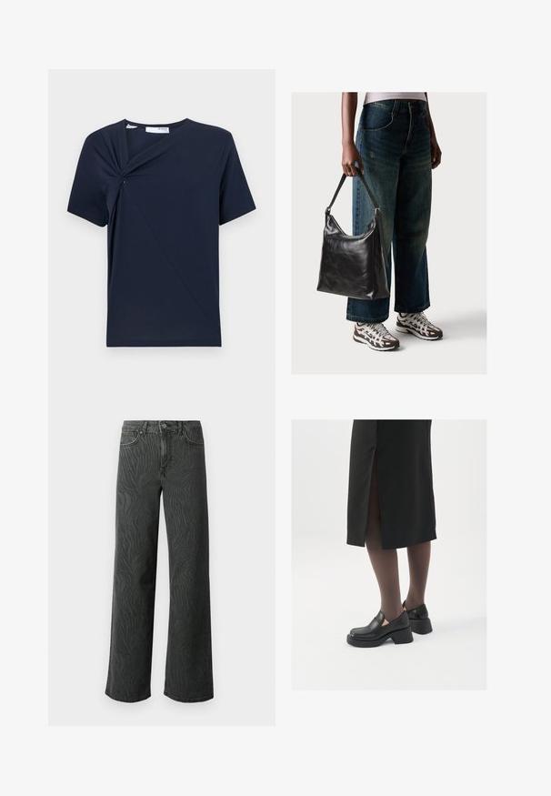 Navyblaues T-Shirt aus weichem Stoff mit einem verdrehten Knoten-Detail auf der Vorderseite und einem klassischen Rundhalsausschnitt mit kurzen Ärmeln.; Weite Jeans aus dunkelgrauem Denim, mit einer subtilen Zebra-Muster-Struktur, kontrastierenden Nähten und einem Fünf-Taschen-Design mit einem Knopfverschluss.; Schwarze Lederschuhe mit abgerundetem Zeh, dicker Blockabsatz und elastischen seitlichen Akzenten, kombiniert mit dunklen Strumpfhosen und einem schwarzen Rock mit Schlitz.; Schwarze Leder-Schultertasche mit glatter Textur und verstellbarem Riemen, kombiniert mit ausgewaschenen weit geschnittenen Jeans und sportlichen Sneakern.