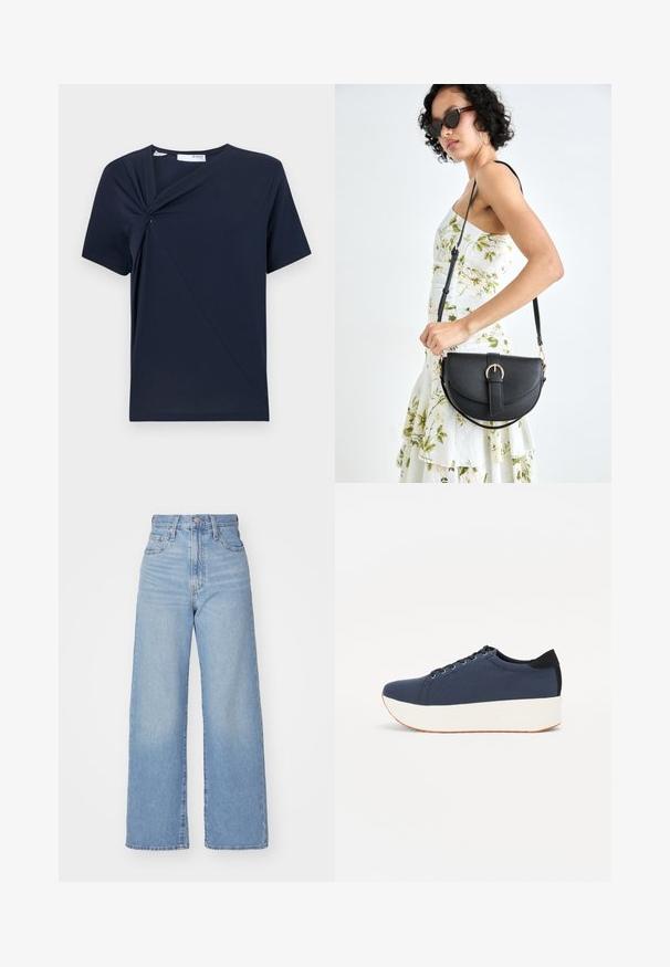 Tumši zila T-krekls mīkstā audumā, ar pagrieztu mezglu priekšpusē un klasisku apaļu kakla izgriezumu ar īsām piedurknēm.; Gaiši zili augstās jostas vidukļa platās bikses ar priekšējo pogu un rāvējslēdzēju, priekšējām un aizmugurējām kabatām uz baltā fona.; Navy zilo apavi ar strukturētu auduma augšdaļu, baltu platformas zoli, noapaļotu pirkstu daļu un melnu papēža akcentu. Iekļautas sešas acs caurumi šnuķēšanai.; Melnas ādas rokassoma ar izliekta formu, noņemamu siksnu un zelta aksesuāriem. Somai ir vāciņš ar sprādzes detaļu.