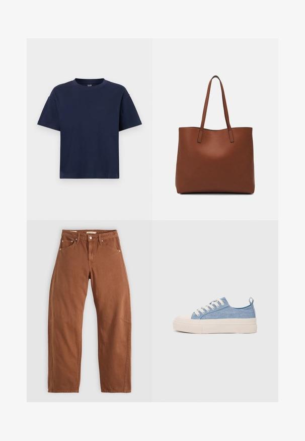 T-shirt in cotone blu navy con scollo tondo e maniche corte, caratterizzato da un fit rilassato e un design minimalista. Nessun motivo o dettagli.; Jeans dritti di colore marrone ruggine con tasche anteriori e posteriori, rivetti metallici, chiusura con bottone e passanti per cintura, disposti su uno sfondo bianco.; Sneakers di tela blu chiaro con punta e suola in gomma crema, dotati di lacci bianchi e un cinturino sul tallone.; Borsa tote in pelle marrone con texture liscia, design con apertura superiore e due spallacci. Presenta cuciture minime e nessun hardware visibile.