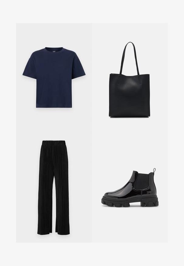 Marineblaues Baumwoll-T-Shirt mit Rundhalsausschnitt und kurzen Ärmeln, das eine lockere Passform und ein minimalistisches Design aufweist. Keine Muster oder Akzente.; Schwarze plissierte Hose mit elastischem Bund. Verfügt über weite Hosenbeine und einen glatten, strukturierten Stoff mit vertikalen Streifen.; Schwarze Lackleder Chelsea-Stiefel mit elastischen seitlichen Einsätzen, robuster strukturierten Sohle und einer Zuglasche an der Rückseite für einfaches Anziehen.; Schwarze Laptoptasche aus Leder mit glatter Textur, rechteckiger Form und zwei langen Griffen. Keine sichtbaren Beschläge oder Verzierungen.