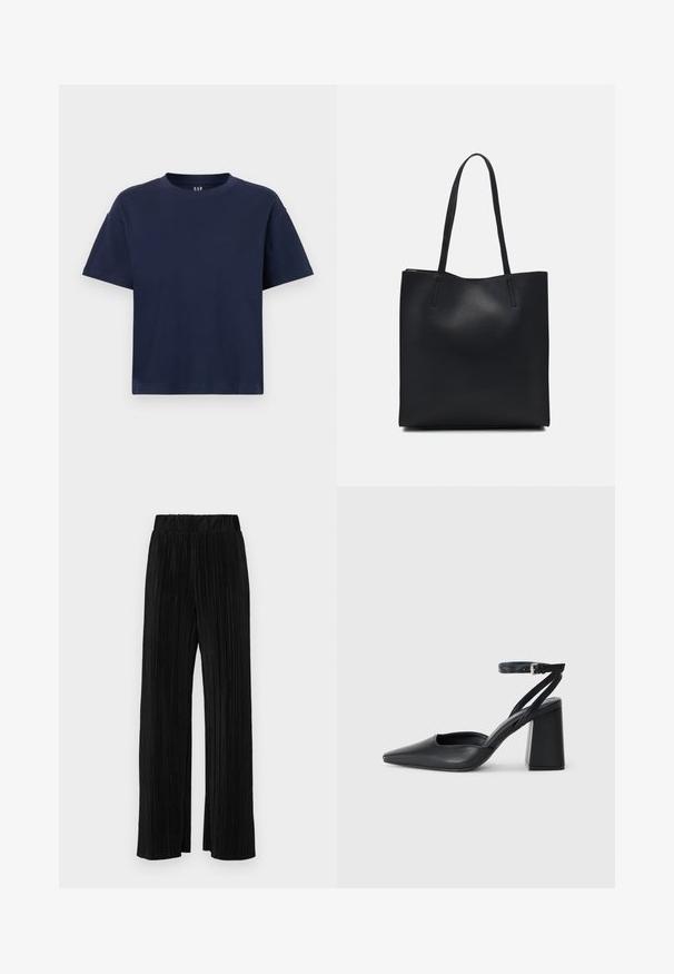 Marineblå bomulds t-shirt med rund halsudskæring og korte ærmer, der har en afslappet pasform og minimalistisk design. Ingen mønstre eller accenter.; Sorte plisserede bukser med elastisk talje. Har brede ben og et glat, tekstureret stof med lodrette striber.; Sort læder spidse pumps med ankelrem og en chunky hæl. Flad tekstur, slankt design og minimalistisk æstetik.; Sort læder tote taske med glat tekstur, rektangulær form og to lange hanke. Ingen synlig hardware eller udsmykninger.