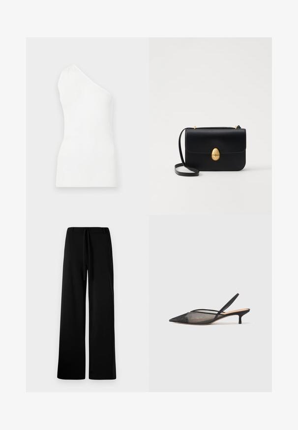 White, ribbed tank top with one shoulder design. Features a fitted shape and subtle texture, emphasizing a minimalist style.; Wide-leg black trousers made from soft fabric, featuring a drawstring waist, smooth texture, and no visible pockets or patterns.; NEOUS IRENA - Classic heels - black; Black leather handbag with a structured rectangular shape. Features a golden oval clasp and a thin shoulder strap. Smooth texture.
