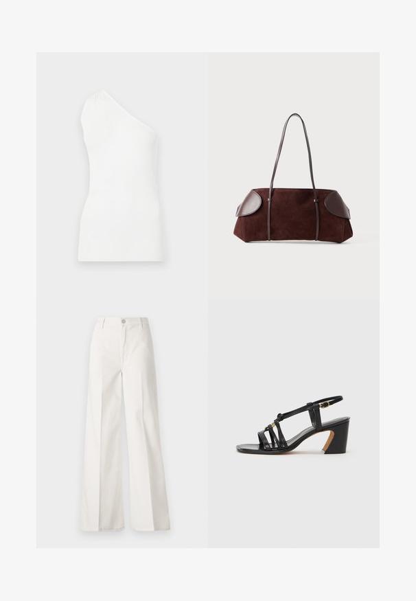 Fehér, bordázott ujjatlan felső egy vállas kivitelben. Fitted fazonja és finom textúrája hangsúlyozza a minimalista stílust.; Fehér, bővebb nadrág, amely pamutból készült, sima textúrával. Elöl gombbal, cipzáras záródással és négy zsebes kialakítással rendelkezik.; Paul Smith AMIRA - Klasszikus sarkú cipők - black; Barna velúr táska bőrkiegészítőkkel, strukturált forma, dupla vállpántok és kerekded élek, sima felülettel és minimális fém kiegészítőkkel.