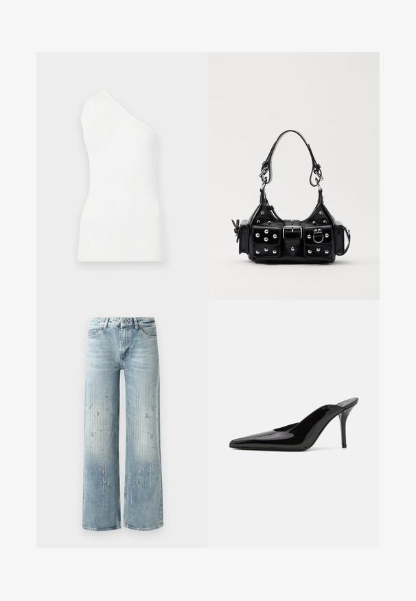 White, ribbed tank top with one shoulder design. Features a fitted shape and subtle texture, emphasizing a minimalist style.; Light blue wide-leg jeans made of denim, featuring a gradient color effect and embellishments of silver rhinestones in a vertical pattern.; Black patent leather high-heeled mule with a pointed toe and a sleek silhouette, featuring an open back and a slender stiletto heel.; Black leather handbag with a curved design, featuring silver studs, a buckle, and two side pockets. Adjustable strap for carrying options.