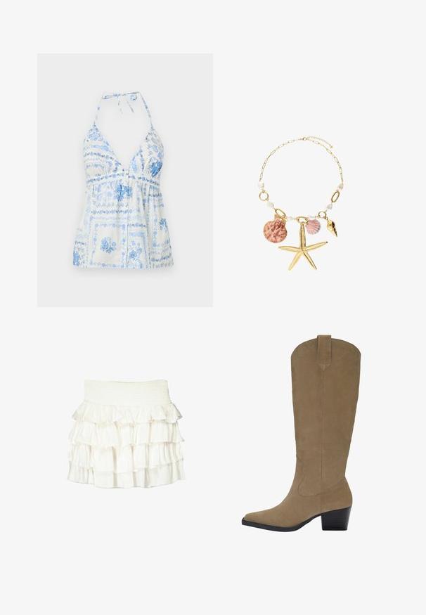 Top halter stampato blu e bianco con scollo a V profondo, vita arricciata e motivi floreali, dotato di legacci regolabili e dettagli con bottoni.; Gonna bianca con ruches e vita arricciata. Presenta volant sovrapposti in tessuto trasparente che creano un aspetto texturizzato e fluttuante.; Stivali in suede color cammello al ginocchio con punta a punta, tacco impilato e dettaglio di cuciture lungo i lati. Texture liscia e design strutturato.; Collana in oro con perle bianche e conchiglie decorative, tra cui una stella marina, con una combinazione di superfici a trama e lisce.