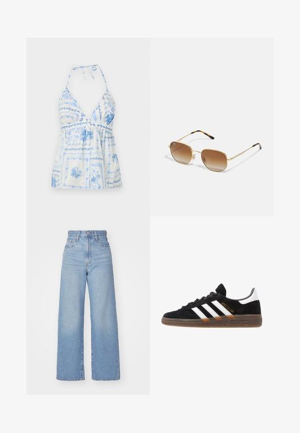 Blå og hvidt trykt halterneck-top med dyb v-udskæring, sammensnørret talje og blomster mønstre, med justerbare halsbånd og knapdetaljer.; Lyseblå højtaljede bukser med bred benåbning, med frontknap og lynlås, samt for- og baglommer, på en hvid baggrund.; Sort Adidas sneakers med hvide striber, guld "Spezial" tekst, gummisål og hvid hælflap, vist i profil.; Guld metal solbriller med geometrisk design, brune gradient linser og sorte skildpadde aksenter på stængerne.