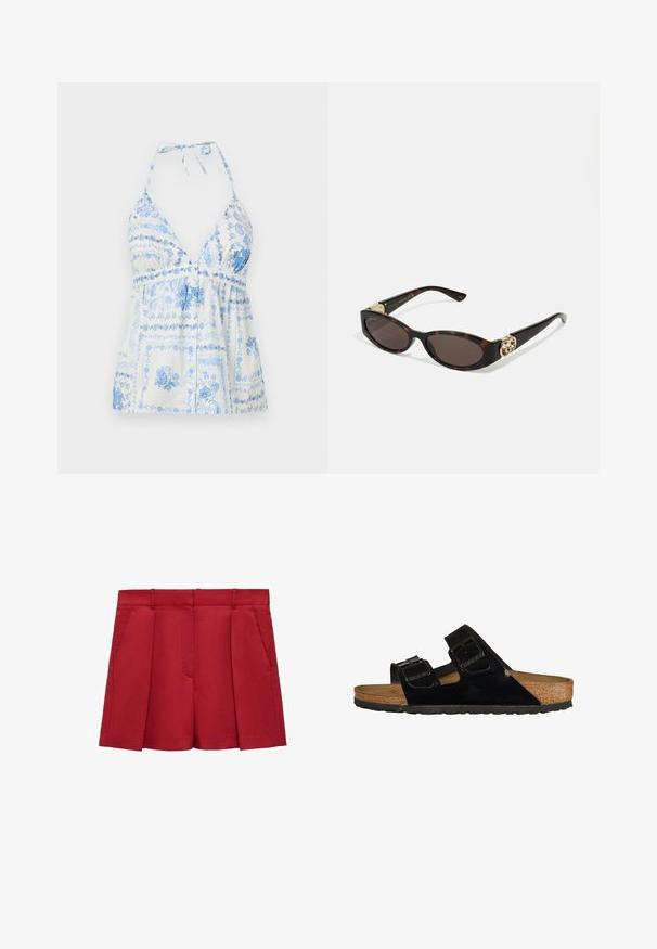 Sininen ja valkoinen tulostettu halkiotoppi, syvällä V-kaula-aukolla, rypistetyllä vyötäröllä ja kukkakuoseilla, jossa on säädettävät kaulanauhat ja napitusyksityiskohtia.; Punat punah merah yang dirancang dengan kain ringan, menampilkan bagian depan rata, dua saku samping, dan tampilan yang rapi dengan lipatan.; Musta patentoitu nahkaisandaalit, joissa on kaksi säädettävää hihnaa, korkkijalkatuki ja kumipohja, joissa on sileä pinta ja minimalistinen muotoilu.; Silmärilakkiset tortoiseshell-aurinkolasit, joissa on pitkänomaiset ovaalit linssit, ruskea sävy, kultaiset logo-koristeet temppeleissä ja sulavalinjaiset mustat varret.