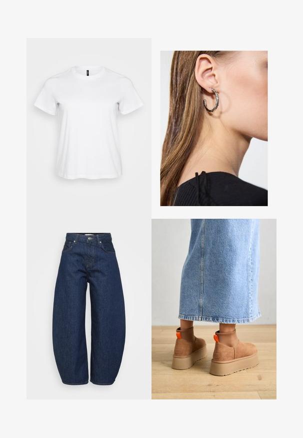 Witte katoenen T-shirt met korte mouwen, ronde halslijn en een relaxte pasvorm. Gladde textuur zonder zichtbare patronen of accenten.; Hoge taille donkerblauwe denim jeans met wijde benen, voorzijde met knoop en ritssluiting en klassiek vijf-pocket ontwerp.; Bruine suède platformlaarzen met elastische zijkanten en oranje trekbandjes, gecombineerd met een lichtdenim rok tot de knie op een houten vloer.; Zilveren oorbel met een gepolijste afwerking, met kleine gouden accentdetails en een ronde vorm, gedragen op de oorlel.