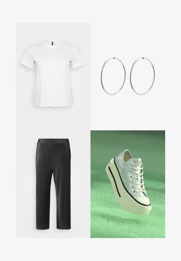 Witte katoenen T-shirt met korte mouwen, ronde halslijn en een relaxte pasvorm. Gladde textuur zonder zichtbare patronen of accenten.; Zwarte, ribbelige broek tot de enkel met een gladde textuur en een elastische tailleband voor comfort. Beschikt over een rechte pijpdesign.; Metalen zilveren sneaker met een plateauzool, witte veters en zwarte accenten. Beschikt over een ronde neus en een getextureerde rubberen buitenzool.; Zilveren ringoorbellen met een gladde, gepolijste afwerking. Cirkelvormig, met een constante breedte, ontworpen voor gemakkelijke sluiting. Eenvoudig en elegant.