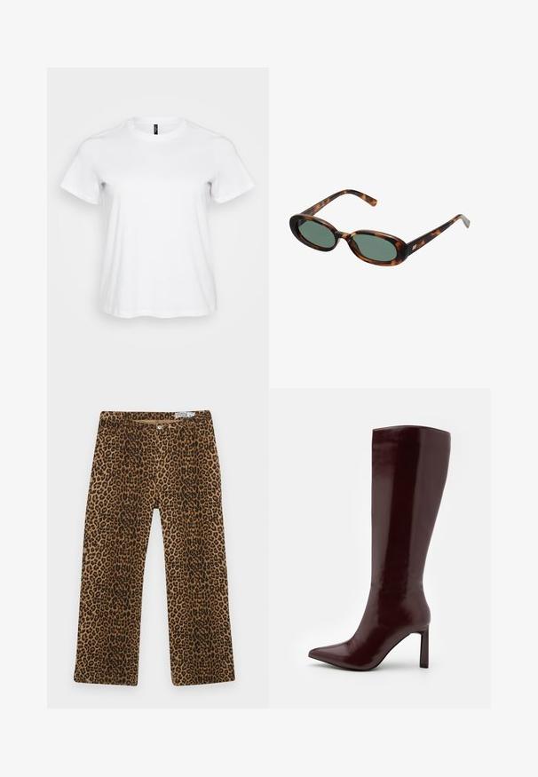 Hvid bomulds t-shirt med korte ærmer, rund halsudskæring og en afslappet pasform. Glat tekstur uden synlige mønstre eller accenter.; Jaguarprintbukser med et brunt og sort mønster, lige ben-design og klassisk fem-lommer stil. Fremstillet af en blanding af bomuldsstof.; Even&Odd Høje støvler/ Støvler - dark red; Skildpaddemønstrede solbriller med ovale stel og grønne linser. Har tynde arme med en metallisk detalje nær hængslerne.; Guld hoops øreringe med et glat, rundt design og en blank finish. Letvægts konstruktion med en sikker låsemekanisme.