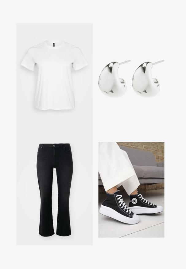 T-shirt bianco in cotone con maniche corte, scollatura rotonda e vestibilità comoda. Tessuto liscio senza motivi o dettagli visibili.; Jeans in denim nero con vita a media altezza, bottone frontale, due tasche anteriori, due tasche posteriori e gamba svasata.; Sneaker alte nere in tela con suole e lacci bianchi. Presentano un logo circolare sul lato e cuciture bianche a contrasto.; Orecchini a perno in argento con un design liscio e curvo. Presentano una finitura lucida e un fermo a perno per un indossamento sicuro.
