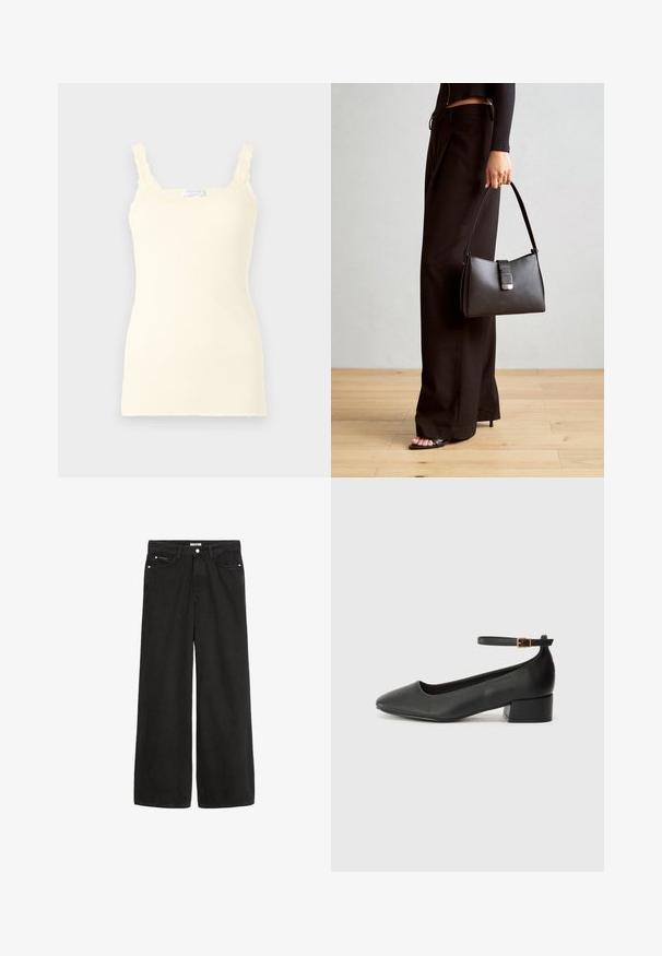 Žltý cami top s drážkovaným vzorom, nastaviteľné ramienka s čipkovým lemovaním a priliehavý strih. Mäkka textúra s hladkým povrchom.; Široké čierne denímové džínsy s vysokým pásom. Obsahujú päť vreciek, kovové doplnky a čistý vzhľad. Textúra je hladká a jemná.; Čierne kožené lodičky s špicatou špičkou a nízkym blokovým podpätkom. Obsahuje remienok okolo členka so zlatým prackou. Hladký povrch.; Čierna kabelka so štruktúrovaným tvarom, hladkou textúrou a kovovou sponou. V kombinácii so širokými čiernymi nohavicami a sandálmi s otvorenou špičkou na drevenej podlahe.