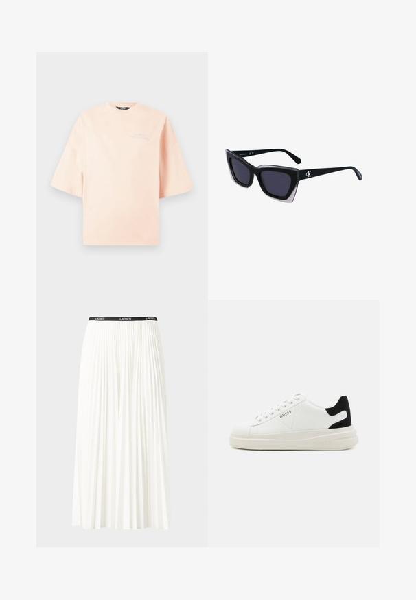 Roosa, suur T-särk, mis on valmistatud pehmest puuvillast. Omab lühikesi varrukaid ja ümmargust kaelust, vasakul rinnal on tikandiga logo.; Kurtitudega valge seelik musta elastse vööga, millel on "LACOSTE" logo. Keskmise pikkusega disain pehme tekstuuriga.; Valged nahast tennisetossud paksu valge tallaga, musta sametist kontsakeeuga ja külje peal riigilogo reljeefne kujundus. Lukkeskeem kuue silmaauguga.; Mustad suured mustad prillid geomeetrilise kujuga, tumedate läätsedega ja kontrastse halli detailiga raamidel. Logo käe peal.