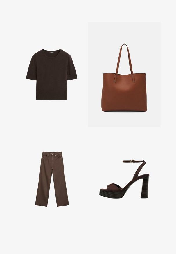 Brauner Kurzarmpullover mit rundem Halsausschnitt. Hergestellt aus weichem, strukturiertem Stoff. Schlichtes Design ohne zusätzliche Muster oder Hardware-Details.; Weite braune Jeans aus Denim, mit hoher Taille, Fronttaschen und klassischem Knopfverschluss. Glatte Textur mit feinen Nähten.; Braune Wildleder-Pumps mit offenem Zeh, verstellbarem Knöchelriemen und gestreiftem Plateausohlen.; Braune Leder-Tote mit glatter Textur, offenem Oberteil und zwei Schulterriemen. Verfügt über minimale Nähte und keine sichtbaren Beschläge.
