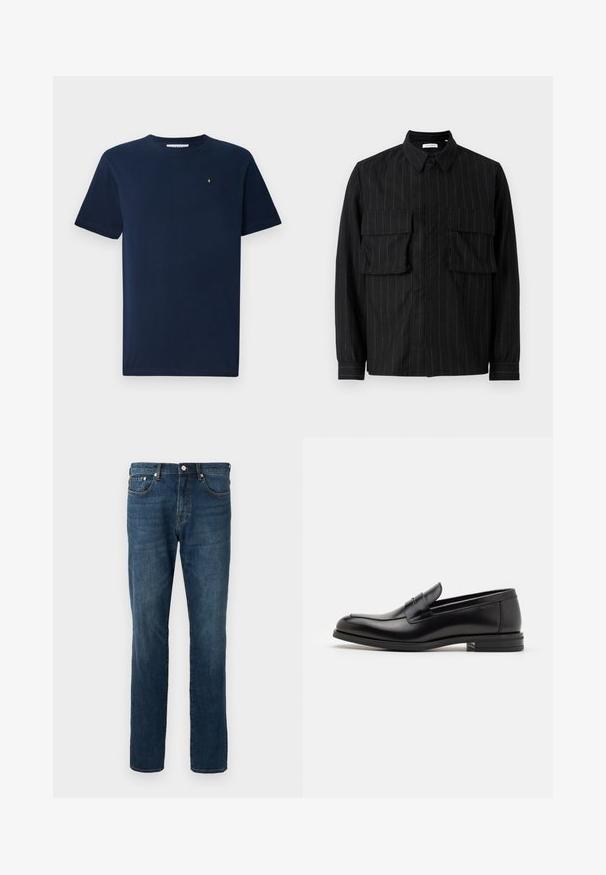 Mørkeblå T-shirt med korte ærmer lavet af bomuld, med rund halsudskæring og et lille hvidt emblem på brystet; glat tekstur.; Sorte langærmet skjorte med vertikale striber, to brystlommer, krave og knaplukning. Blødt, struktureret stof.; Mørkeblå denim jeans, lige ben, fem lommer, knaplukning, med subtile falmning og syning detaljer. Glat tekstur.; Sorte læderloafers med en glat overflade, rund tå og en dekorativ strop over vampen. Lav hæl med stabeldesign, minimalistisk stil.
