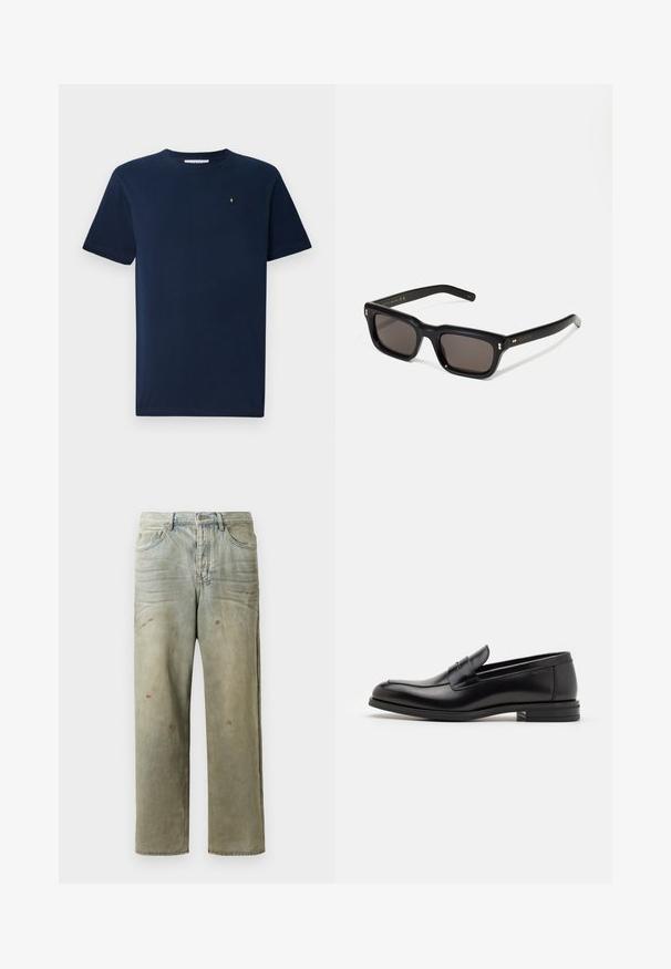 T-shirt blu navy a maniche corte in cotone, con colletto rotondo e un piccolo emblema bianco sul petto; texture liscia.; Jeans in denim strappato di colore verde chiaro, con gamba dritta, design a cinque tasche, sbiaditure irregolari e schizzi di vernice.; Mocassini neri in pelle con una texture liscia, punta arrotondata e una striscia decorativa sulla tomaia. Tacco basso impilato, design minimalista.; Occhiali da sole neri rettangolari con lenti scure, montatura spessa in plastica, dettagli dorati sulle tempie e logo del marchio inciso sull'asta.