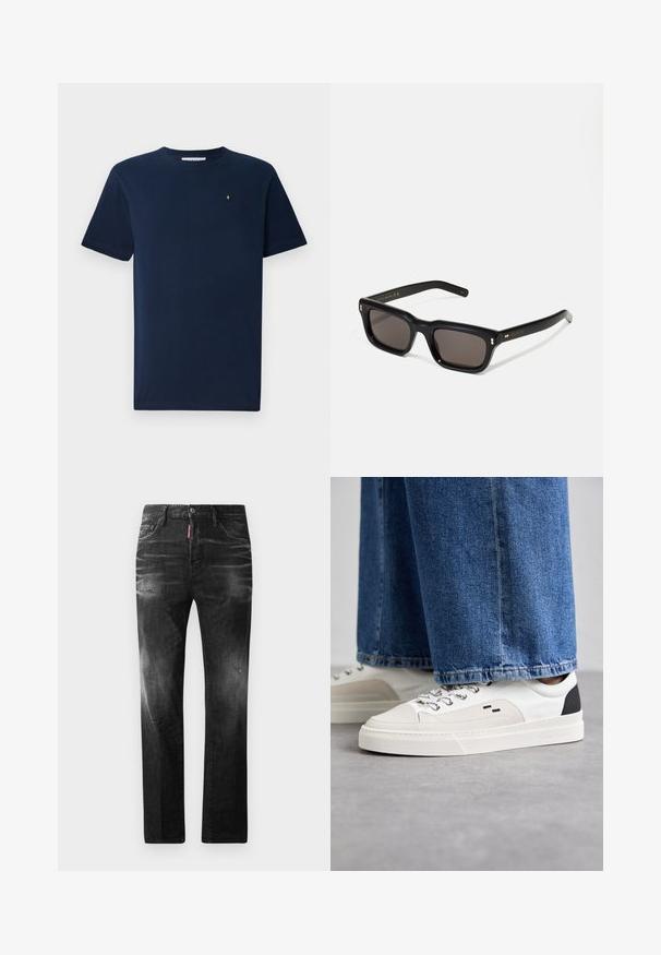 T-shirt blu navy a maniche corte in cotone, con colletto rotondo e un piccolo emblema bianco sul petto; texture liscia.; Jeans in denim nero con vestibilità dritta. Presentano aree sbiadite, leggeri segni di usura, classico design a cinque tasche e chiusura con bottone.; Sneaker bianche e nere con parte superiore in pelle liscia, dettagli testurizzati e suola bianca spessa. Presentano un classico design con lacci.; Occhiali da sole neri rettangolari con lenti scure, montatura spessa in plastica, dettagli dorati sulle tempie e logo del marchio inciso sull'asta.