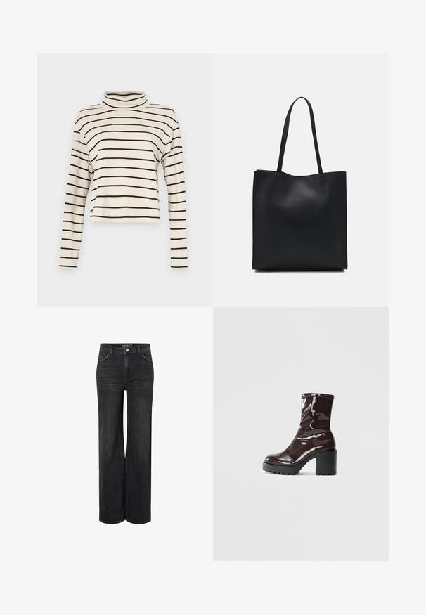 Pitkähihaisen turtleneck -puseron vaalean kermanvärinen materiaali, jossa on mustia vaakaraitoja; pehmeä kangas, rento istuvuus, lyhennetty malli ja sileä tekstuuri.; Musta denimgami leveät lahkeet, joissa on klassinen viiden taskun muotoilu, etupainike sulkeminen ja hienovaraiset ompeleiden yksityiskohdat.; Satea bordeaux berwarna mengkilap dengan tumit hitam tebal, menampilkan tekstur halus dan desain sederhana. Tanpa pengikat atau pola yang terlihat.; Mustapahkainen kangaskassi, jossa on sileä pinta, suorakaiteen muotoinen ja kaksi pitkää kahvaa. Ei näkyvää metalliosaa tai koristeita.