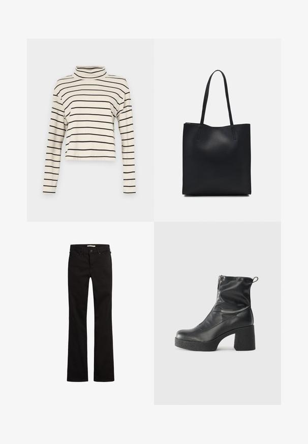 Maglia a maniche lunghe a collo alto in crema con strisce orizzontali nere; tessuto morbido, vestibilità rilassata, design cropped, con una texture liscia.; Jeans neri svasati con design a cinque tasche, dotati di chiusura con bottone e passanti per cintura, realizzati in denim con una texture liscia.; Stivali neri alla caviglia in pelle liscia, con zip laterale, tacco spesso e texture, e punta arrotondata.; Borsa tote in pelle nera con texture liscia, forma rettangolare e due manici lunghi. Nessun hardware o decorazione visibile.