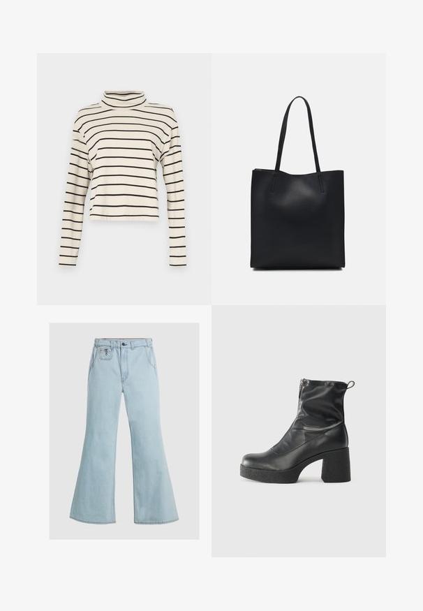 Ilgi piedurkņu turtlenecks tops krēmkrāsā ar melnajiem horizontālajiem svītrainēm; mīksta auduma, brīvā piegriezuma, īsā dizainā, ar gludu tekstūru.; Gai zilu flared džinsi, kas izgatavoti no denima, ar augstu jostasvietu, pogu aizdari un aizmugures kabatām. Gluda tekstūra ar minimālām šuvju detaļām.; Melni potītes zābaki, kas izgatavoti no gludas ādas, ar sānu rāvējslēdzēju, masīvu strukturētu papēdi un noapaļotu purngalu.; Melnas ādas somiņa ar gludu tekstūru, taisnstūra formu un divām garām rokturiem. Nav redzamu aparatūras vai rotājumu.