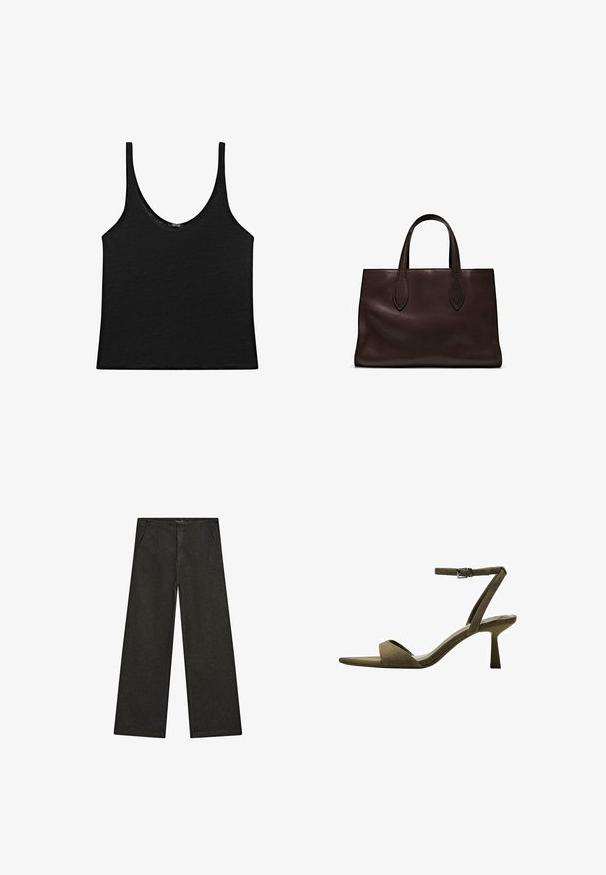 Schwarzes Tanktop aus weichem Material mit rundem Ausschnitt und dünnen Trägern. Schlichtes, kurz geschnittenes Design mit klaren Kanten und ohne Muster.; Schwarz-weiße, weit geschnittene Jeans mit mittelhohem Bund, zwei Vorderentaschen und einem klaren, minimalistischen Design ohne sichtbare Verzierungen.; Bershka WITH ANKLE STRAP - Riemensandalette - mottled green; Braune Ledertasche mit zwei langen Griffen, strukturierte rechteckige Form, glatte Textur und dezente Nähdetails.