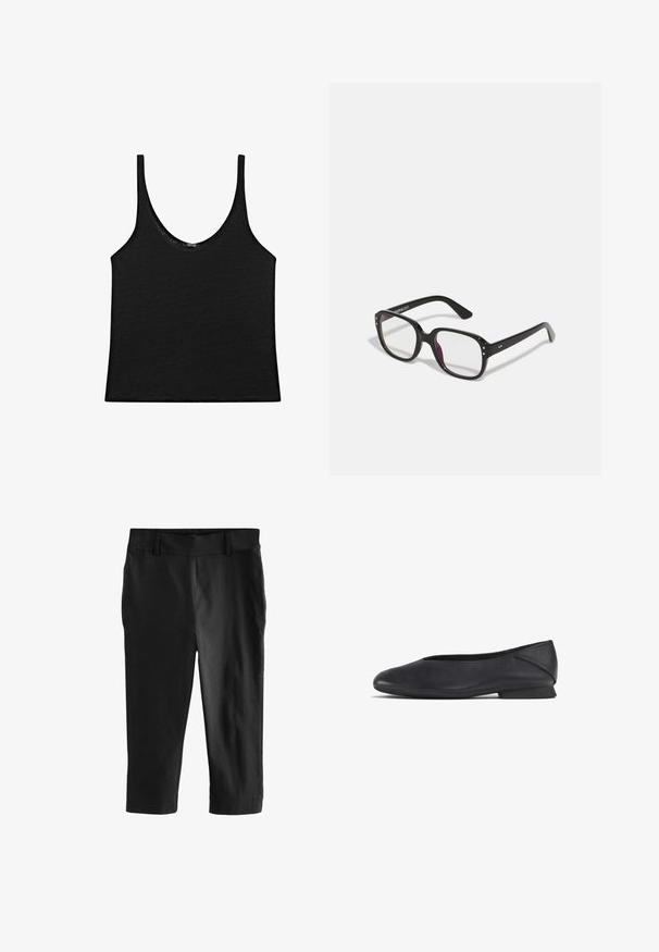 Black tank top in a soft fabric with a rounded neckline and thin straps. Simple, cropped design with clean edges and no patterns.; Black cropped trousers with a smooth texture. Features a flat front waistband and no visible pockets, designed for a tailored fit.; Black leather flat shoe with rounded toe and low heel, designed for casual or formal wear.; Black rectangular glasses with clear lenses, featuring rounded edges and side accents, with a glossy finish on the frame and arms.