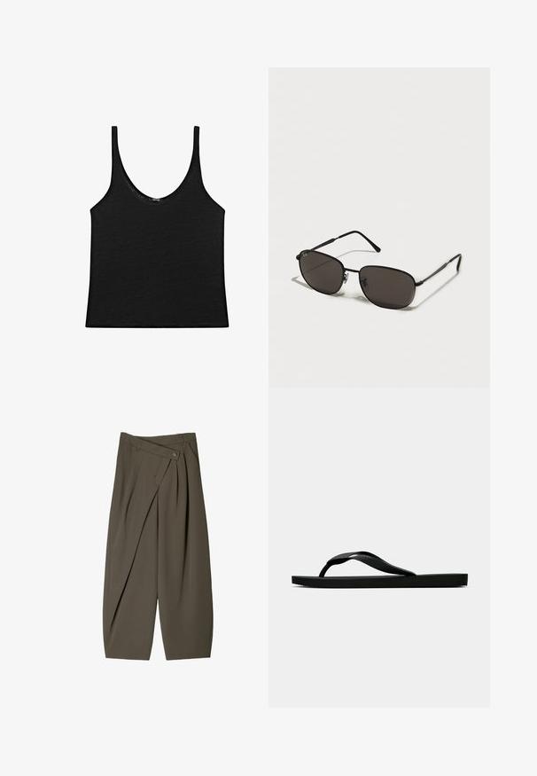 Svart linne i ett mjukt tyg med rundad halsringning och tunna axelremmar. Enkel, kort design med rena kanter och utan mönster.; Breda byxor i mörk olivgrönt tyg, med en veckad frontdesign, knappstängning och en polerad, texturerad yta.; Svart gummislip-in sandal med ett texturerat rem och enkel platt sula, visas från sidan på en enkel ljus bakgrund.; Svarta metallsolglasögon med oval form, mörka linser, smala skalmar och en subtil logotyp på vänster lins. Elegant och minimalistisk design.