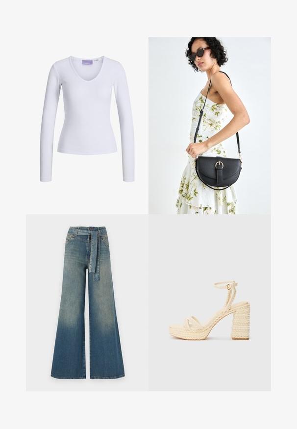 Weißes Langarmoberteil mit geripptem Textur und V-Ausschnitt. Etikett im Halsbereich sichtbar mit der Markenbezeichnung "JJXX."; Weit geschnittene Denim-Hosen mit einem Farbverlauf von hellblau zu dunkelblau, hoher Taille, Gürtelschlaufen und einem passenden Stoffgürtel. Strukturierte Denim-Oberfläche.; Beige Riemchensandalen mit Absatz, ausgestattet mit einer geflochtenen Jute-Plattform und -Absatz, dünnem Knöchelriemen und einer glatten Fußbett.; Schwarze Lederhandtasche mit geschwungener Form, abnehmbarem Tragegurt und goldenen Beschlägen. Die Tasche verfügt über einen Deckel mit einer Schnallen-Details.
