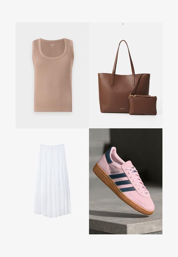 Top senza maniche a coste in un morbido tono beige. Presenta un colletto rotondo e una silhouette aderente con bordi lisci.; Gonna maxi bianca a più strati realizzata in tessuto leggero. Presenta una vita elastica e un design fluido con una morbida e sottile texture.; Sneaker in suede rosa chiaro con tre strisce blu navy, suola in gomma e lacci rosa chiaro. Presenta la scritta "SPEZIAL" sul lato.; Borsa a tote in finta pelle marrone con due manici lunghi e una piccola pochette coordinata. La superficie presenta un motivo testurizzato e dettagli in metallo dorato.