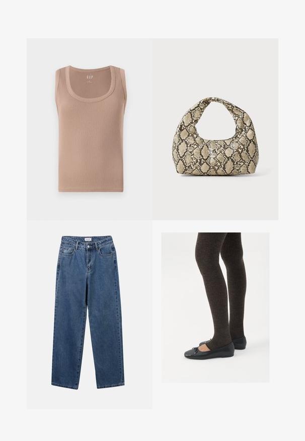 Bordázott, ujjatlan trikó puha bézs árnyalatban. Kerek nyakkivágással és sima vonalakkal ellátott, testhez simuló fazon.; Klasszikus kék farmernadrág egyenes szárú dizájnal, öt zsebbel és gombos zárással. Közepes mosású és strapabíró textúrával rendelkezik.; Fekete lapos cipők kis masni díszítéssel az orrán, sötétbarna bordázott harisnyával párosítva. A cipők sima textúrával és alacsony profilúak.; Kígyómintás kézitáska ívelt fogantyúval. Texturált, bézs és barna anyagból készült, jellegzetes gyémántmintával.