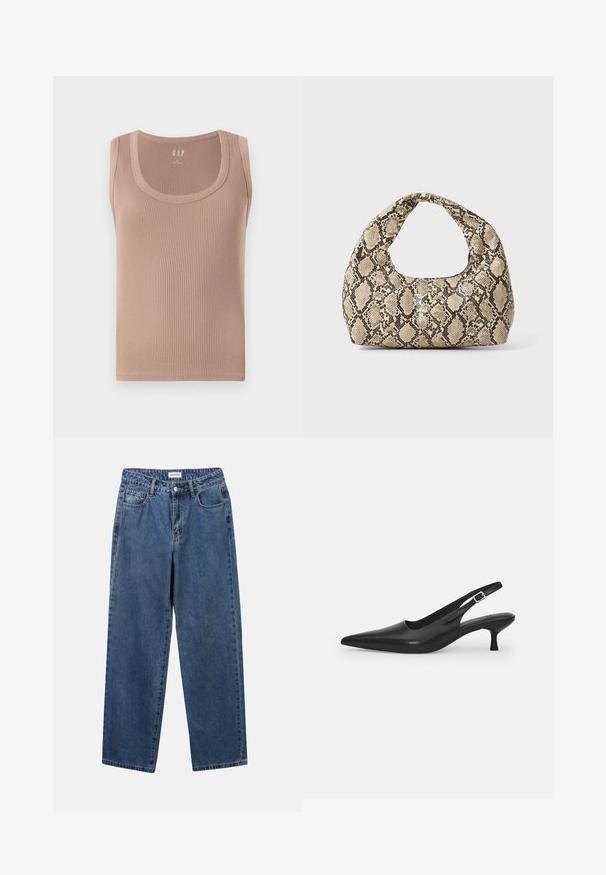 Żebrowany, bezrękawnik w miękkim odcieniu beżu. Posiada okrągły dekolt oraz dopasowany krój z gładkimi krawędziami.; Klasyczne niebieskie dżinsy o prostym kroju, pięć kieszeni i zapięcie na guzik. Charakteryzują się średnim odcieniem i solidną teksturą.; Czarne skórzane buty typu slingback z wydłużonym noskiem i smukłym, zakrzywionym obcasem. Posiadają dyskretny regulowany pasek z metalową klamrą.; Torebka w wężowy wzór z zakrzywionym uchwytem. Wykonana z teksturowanych, beżowych i brązowych materiałów, z charakterystycznym wzorem w diamenty.
