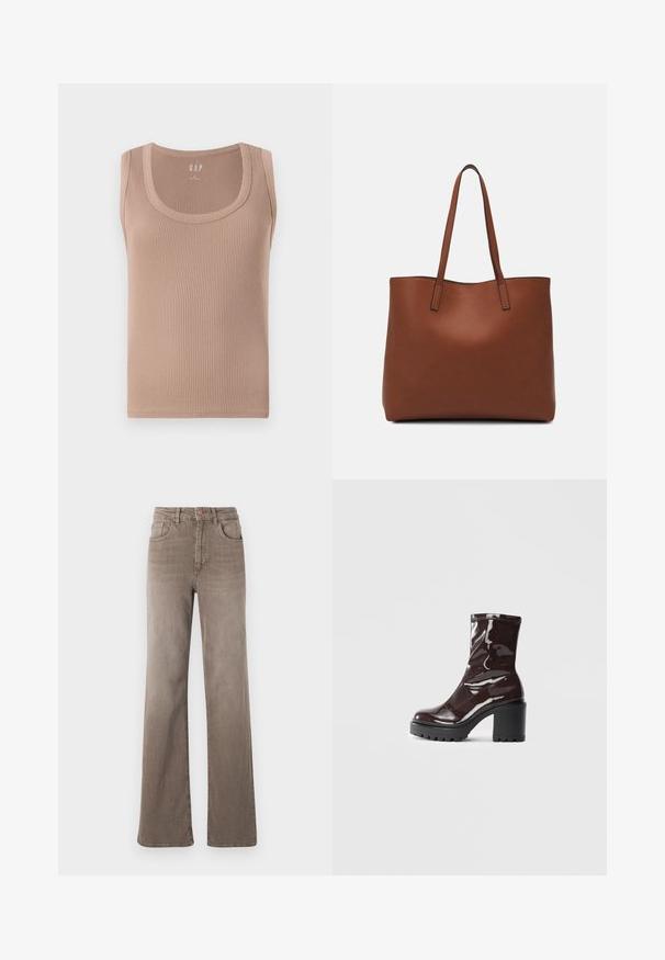 Top fără mâneci, cu dungi, într-o nuanță de bej moale. Prezintă un decolteu rotund și o siluetă ajustată cu margini netede.; Jeans maro cu talie înaltă, drept, cu buton frontal, bucle pentru curea și design clasic cu cinci buzunare, pe un fundal alb.; Botine lucioase burgundy, cu toc gros negru, având o textură netedă și un design simplu. Fără închideri sau modele vizibile.; Geantă de umăr din piele maro cu o textură netedă, design cu vârf deschis și două curele pentru umăr. Prezintă cusături minime și fără componente metalice vizibile.