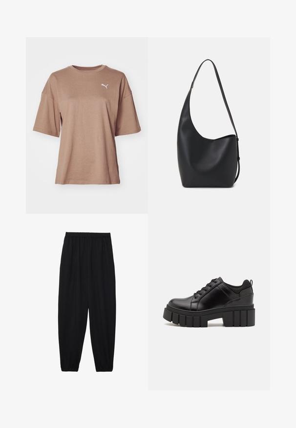 Hnedé tričko s krátkym rukávom vyrobené z mäkkej bavlny, s okrúhlym výstrihom a malým bielym logom Puma na ľavej strane hrudníka.; Čierne, ľahké nohavice s elastickým pásom a zúženými nohavicami. Tkanina je hladká a má voľný, zúžený strih.; Čierne kožené platformy s masívnym blokovým podpätkom, okrúhlou špičkou a tradičným šnurovaním. Má hladký povrch a minimálne detaily.; Čierna kožená hobo taška so hladkou textúrou, zakriveným tvarom a jedným nastaviteľným popruhom; má široké otvorenie na vrchu.