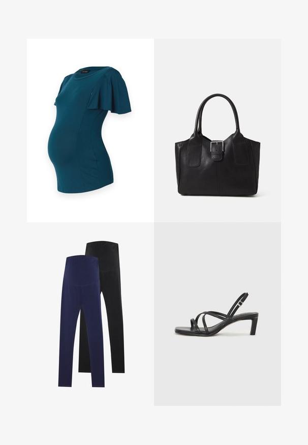 Tavaszi kék kismama ruha rövid lebegő ujjal, testhezálló felső résszel és kerek neckline-nal, puha, rugalmas anyagból készült.; Két pár leggings, az egyik sötétkék, a másik fekete, sima textúrával és magas derékkal a biztos illeszkedés érdekében.; Fekete pántos szandál négyzetes orral és alacsony blokk sarkal. Több vékony pánttal és állítható boka pánttal rendelkezik. Sima bőrből készült.; Fekete bőr bevásárlótáska sima textúrával, strukturált formával, két fogantyúval és egy figyelemfelkeltő ezüst csattal az elején.