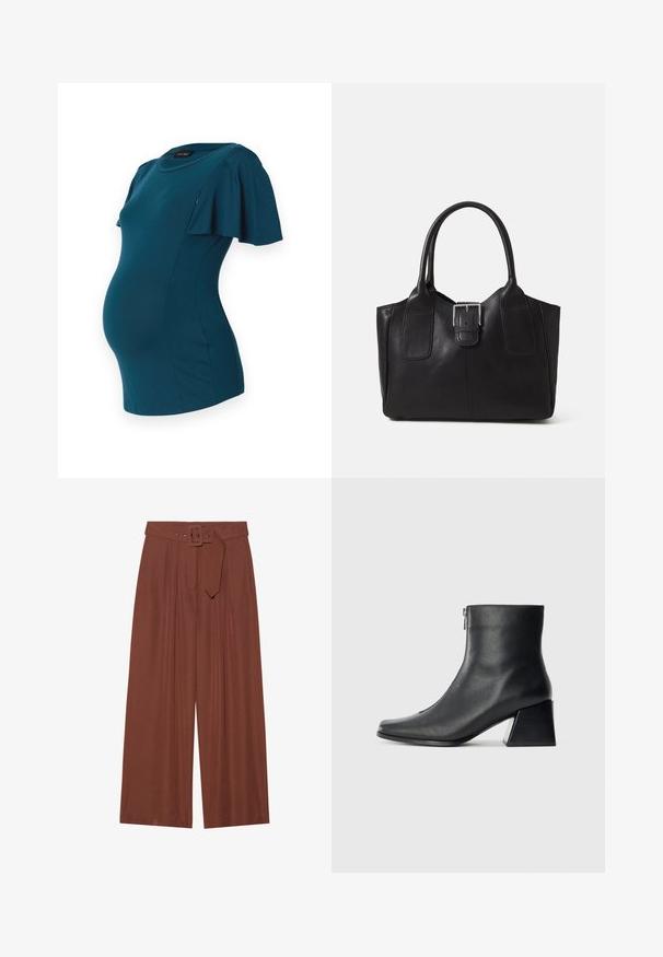 Teal maternity dress with short flutter sleeves, fitted bodice, and a round neckline, made from soft, stretchable fabric.; Wide-leg trousers in brown fabric, featuring a belt with a square buckle, pleated design, and smooth texture.; Black leather ankle boot with square toe, side zipper, and block heel against plain light background.; Black leather tote bag with smooth texture, structured shape, two handles, and a prominent silver buckle detail on the front.
