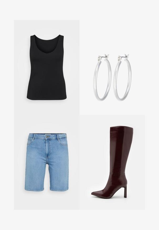 Čierny bezrukávový top s výstrihom v tvare polkruhu, zobrazený na bielom pozadí, s dôrazom na jeho jednoduchý a univerzálny dizajn.; Svetlomodrá deninová košeľa s krátkymi rukávmi, obsahujúca dve predné vrecká a zdobená malými striebornými cvokmi po celom povrchu.; Svetlomodré deninové šortky s klasickým strihom, s predným zapínaním na gombík, pútkami na opasok a dvoma bočnými vreckami. Hladká textúra a rovný lem.; Even&Odd Čižmy - dark red; Strieborné kruhové náušnice s hladkým, lesklým povrchom. Kolový tvar a bezpečné klikanie na uzatváranie. Ľahký dizajn vhodný na každodenné nosenie.