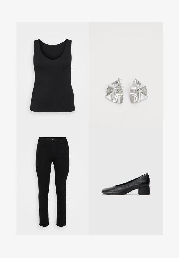 Black sleeveless tank top with a scoop neckline displayed against a white background, highlighting its simple, versatile design.; Black denim jeans with a slim fit, five-pocket design, front button closure, and slight stretch for comfort. Flat, smooth texture with minimal detailing.; Black leather pump with a rounded toe and mid-block heel. Smooth texture with minimal detailing, featuring a subtle elastic opening.; Silver metal earrings with a wavy, sculptural design featuring a polished finish and irregular shapes, highlighting a contemporary aesthetic.