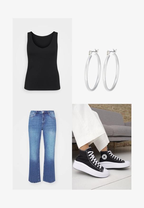 Črna brezzapestna majica s krožno odprtino, prikazana na belem ozadju, ki poudarja njen preprost in vsestranski dizajn.; Jeans iz denima v svetlo do srednje modrem gradientu. Imajo ravno kroj, pet žepov in našite detajle vzdolž šivov.; Črni visoki supergi z belimi gumijastimi podplati in vezalkami. Na njih je okrogel logotip in kontrastno belo šivanje. Iz blaga platna.; Srebrni obroči za ušesa z gladko, polirano površino. Okrogla oblika in varna zaponka s klikom. Lahka zasnova, primerna za vsakodnevno nošenje.