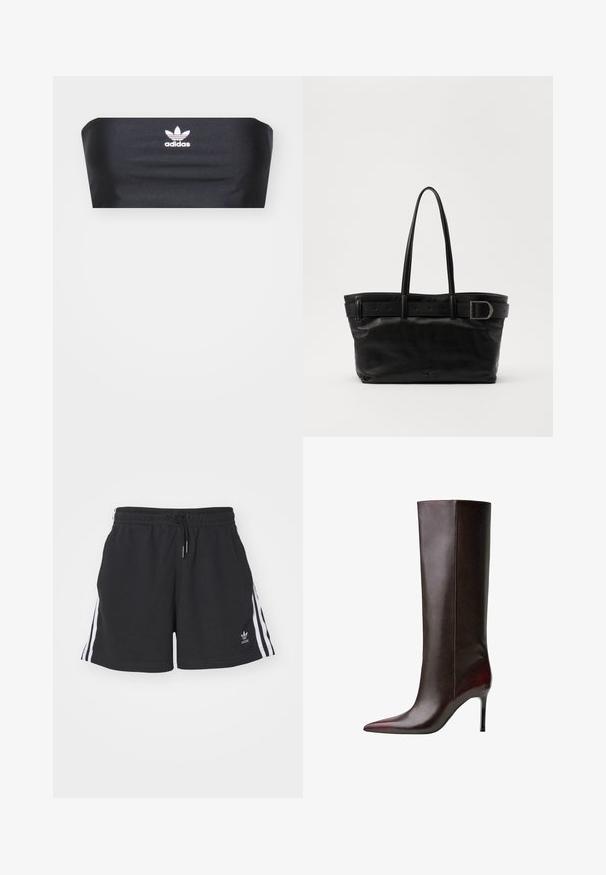 Černý bandeau top vyrobený z hladké tkaniny, s bílým logem Adidas uprostřed vepředu, bez dalších vzorů nebo ozdob.; Černé sportovní kraťasy z bavlněné směsi s bílými bočními pruhy, elastickým pasem se šňůrkou a malým logem na lemu.; Hnědá kožená vysoká bota po kolena s špičatou špičkou, hladkým povrchem a středně vysokým podpatkem. Švy podél strany.; Černá kožená taška přes rameno s dvěma dlouhými uchy, hladkým povrchem a širokým popruhem s přezkou na vrchu.