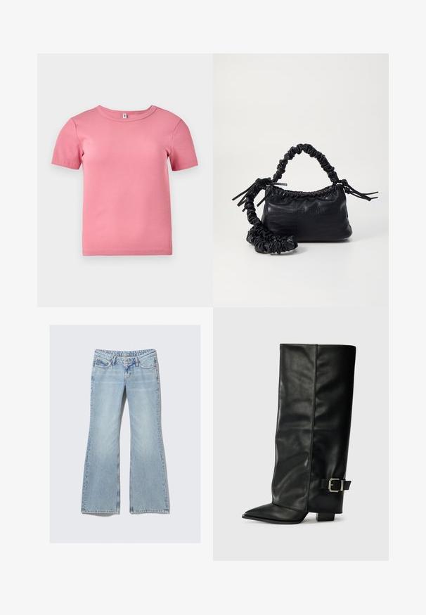 Short-sleeve pink ribbed T-shirt made of soft fabric, featuring a round neckline and a slightly fitted design.; Weekday NOVA - Slim fit jeans - lip blue; Black leather ankle-length boots with a pointed toe, smooth texture, and a silver buckle accent on the side. Chunky square heel.; Black faux leather handbag with a crocodile texture, cinched top, and a scrunched strap. Appears soft and compact in design.